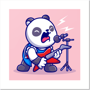 Cute Panda Rocker With Guitar Cartoon Posters and Art